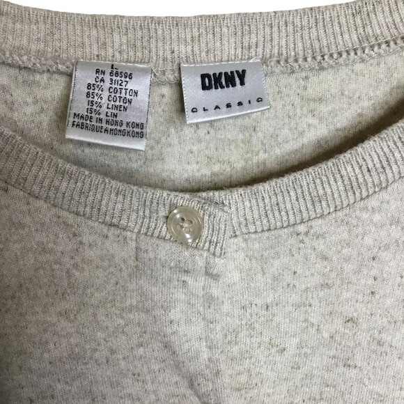 Vintage DKNY Classic Oatmeal Knit Cardigan Skirt Set Cotton Linen L Hong Kong - Picture 2 of 8